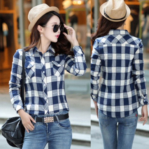 Women Paragraph Checkered Lines Light Blue Cotton Casual Shirt WC-116