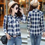 Women-Paragraph-Checkered-Lines-Light-Blue-Cotton-Casual-Shirt-WC-116