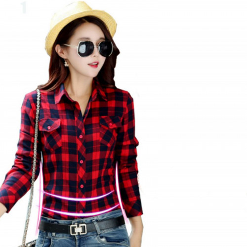 Women Paragraph Checkered Lines Red Cotton Casual Shirt WC-111