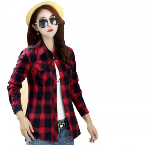 Women Paragraph Checkered Lines Red Cotton Casual Shirt WC-111