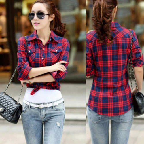 Women Paragraph Checkered Lines Red Cotton Casual Shirt WC-112