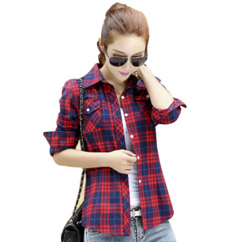 Women Paragraph Checkered Lines Red Cotton Casual Shirt WC-112