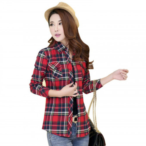 Women Paragraph Checkered Lines Red Cotton Casual Shirt WC-114