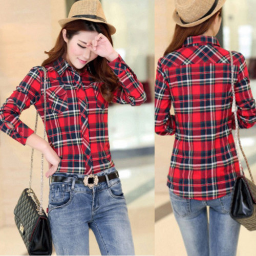 Women Paragraph Checkered Lines Red Cotton Casual Shirt WC-114