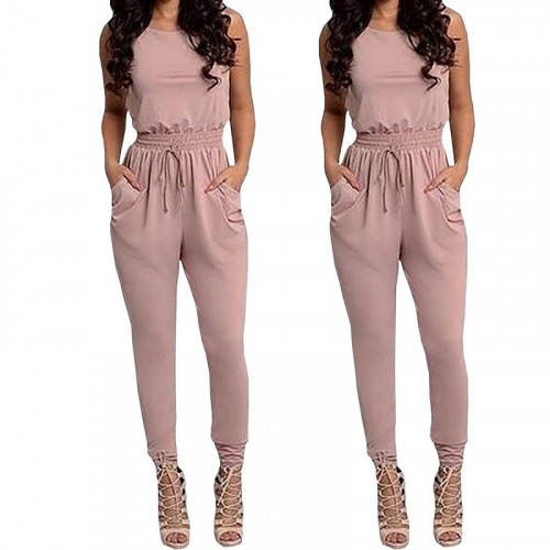 Women Pink Sexy Long Jumpsuit O-Neck Sleeveless Loose Rompers Dress WC-138PK