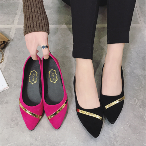 Women Pointed Pink with Gold Ribbon Flat Suede ShoesS 77PK