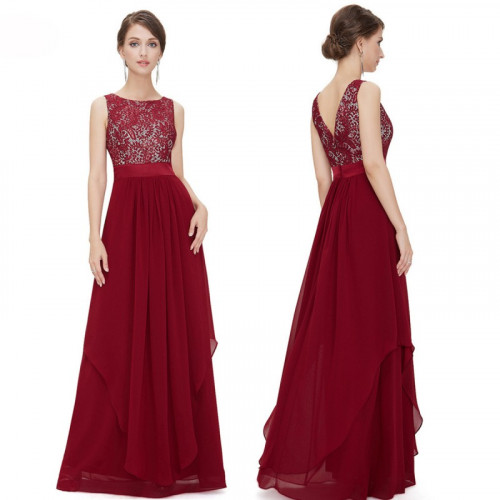 Women Red Elegant Lace & Chiffon Long Maxi Evening Party Dress WC-121RD