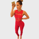 Women-Sleeveless-Mesh-Transparent-Red-Lace-Jumpsuit-Dress-WC-145RD