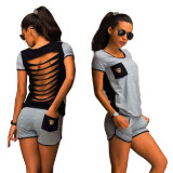 Women-Summer-Two-Piece-Set-T-Shirt-Black-Gray-Hollow-Out-Backless-WC-152