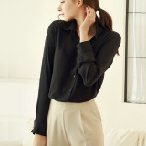 Womens-Fashion-V-Collar-Black-Color-Stripe-Long-Sleeve-Chiffon-Shirt-WC-06BK