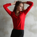 Womens-Fashion-V-Collar-Red-Color-Stripe-Long-Sleeve-Chiffon-Shirt-WC-06RD