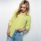 Womens-Fashion-V-Collar-Yellow-Color-Stripe-Long-Sleeve-Chiffon-Shirt-WC-06Y