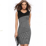 Womens-Fashion-V-Neck-Collar-Striped-Stitching-Sleeveless-Black-Skirt-WC-18