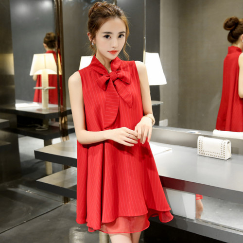 Women's New European Root Yarn Bow knot Red Color Chiffon Dress WC-72RD