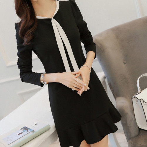 Women's New Slim Bow Knot Long Sleeve Round Neck Skirt Dress WC-73BK