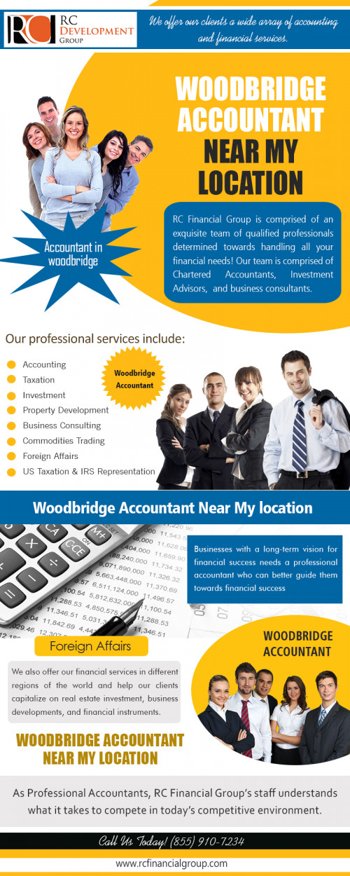 Etobicoke Accountant Near My location for all areas of accounting at http://rcfinancialgroup.com/woodbridge-accountant/

Find Us here ...
https://goo.gl/maps/fFQGyjPm9f72

Services :
Woodbridge Accountant Near My location
Accountant in woodbridge	
Woodbridge accountant

For more information about our services click below links:
http://rcfinancialgroup.com/accountant-in-woodbridge/
http://rcfinancialgroup.com/small-business-accountant-in-north-york/
http://rcfinancialgroup.com/scarborough-accountant/
http://rcfinancialgroup.com/richmond-hill-accountant/

Contact us :
1290 Eglinton Ave E, Mississauga, ON L4W 1K8
Phone: +1 855-910-7234
Mail: info@rcfinancialgroup.com

There are plenty of great reasons to hire Etobicoke Accountant Near My location. There are several levels of expertise available for all different tax needs. To save time, and sometimes, money, it is a great idea to get someone who is knowledgeable in tax code and law to help you take advantage of all the deductions and credits you qualify for. The fees accountants require often are far less than the refund you may get because you hired professional help.

Social:
http://emazeme.com/providers/rc-financial-group-tax-accountant-bookkeeping-toronto-vaughan
http://www.spoke.com/companies/rc-financial-group-tax-accountant-bookkeeping-toronto-580db8b7309365faec039b8e
http://www.aboutus.com/RC_Financial_Group_-_Tax_Accountant_Bookkeeping_Vaughan
https://app.dealroom.co/companies/rc_financial_group_tax_accountant_bookkeeping_mississauga
https://www.bark.com/en/company/rc-financial-group---tax-accountant-bookkeeping-toronto/aRL1/
https://ca.enrollbusiness.com/BusinessProfile/667134/RC%20Financial%20Group%20-%20Tax%20Accountant%20Bookkeeping