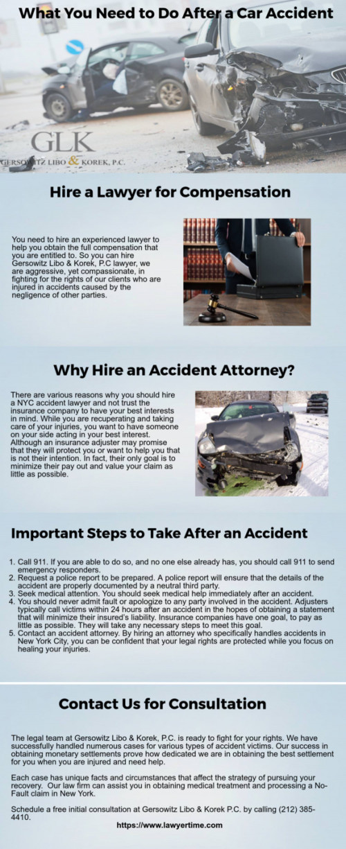 When you are injured in an accident, you need to take several important steps in the immediate aftermath to protect your legal rights.

For more information you can visit: https://www.lawyertime.com/car-accidents/