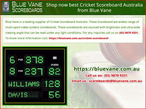 Blue Vane is a leading supplier of Cricket Scoreboard Australia. It is one of the most famous and large business which contains a large collection of indoor and outdoor products and also service installation. For any inquiries call on us (03) 9870 9331. To know more details visit:https://bluevane.com.au/cricket-scoreboard/