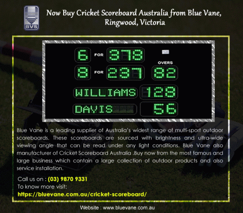 Blue Vane is a leading supplier of Cricket Scoreboard Australia. It is one of the most famous and large business which contains a large collection of indoor and outdoor products and also service installation. For any enquiries call us on (03) 9870 9331. Toknow more visit: https://bluevane.com.au/