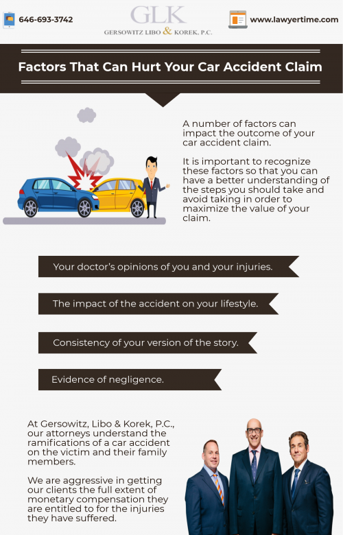 Following factors can hurt your car accident claim:

- The consistency of your version of the story.
- Evidence of negligence. 
- Your doctor’s opinions of you and your injuries.
- The impact of the accident on your lifestyle.

For more information you can visit: https://www.lawyertime.com/car-accidents/