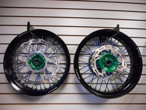 MotoXindustries  provides KTM Supermoto Wheel Set  at $879.00.. You can save $37.00
KTM Supermoto Wheel Set comes with warp 9 front and rear wheel, sprocket, front oversized 320mm rotor and caliper adapter bracket. Check us out on MotoXindustries. #https://motoxindustries.com/product/ktm-supermoto-wheel-set