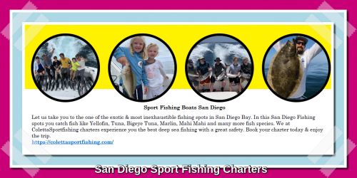 Coletta Sport Fishing Charters is the best deep sea fishing charter and charter boat service provider located in one of the hottest Sportfishing location in the United States: San Diego, California. Our main focus to catch fish is only surpassed by our promise to our clients’ safety and comfort. Come with us& enjoy San Diego fishing trip.
https://colettasportfishing.com/