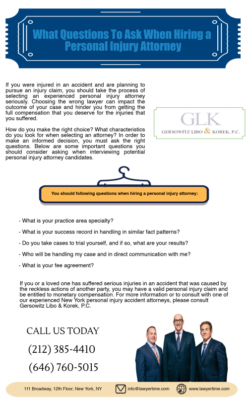 If you were injured in an accident and are planning to hire a personal injury attorney, you should ask these questions to your attorney. 

For more information you can visit: www.lawyertime.com