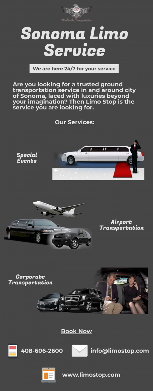 Limo Stop provides reliable limo service in and around city of Sonoma. To make a reservation for Sonoma Limo Service you can call us at 408-606-2600 or visit: http://www.limostop.com/sonoma-limo.html