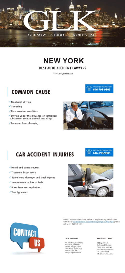 Car accidents happen on a daily basis in the New York accounting for injuries and deaths each year. If you or a loved one was involved in a car accident and suffered serious injuries. Our Experienced Car Accident Lawyers at Gersowitz Libo & Korek, P.C Will Help Maximize Your Recovery. For Free consultation call us @ (212) 385-4410. For more information you can visit: https://www.lawyertime.com/car-accidents/