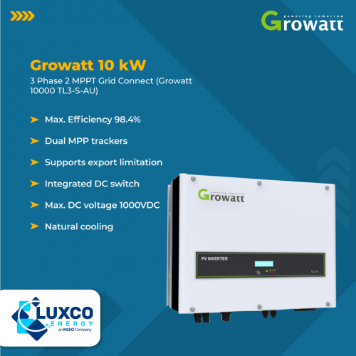 Growatt 10kW 3 Phase 2 MPPT Grid connect(Growatt 10000 TL3-S-AU)

1.Max.Efficiency 98.4%
2.Dual MPP trackers
3.Supports export limitation
4.integrated DC switch
5.Max. DC voltage 1000VDC
6. Natural cooling

Visit our site: https://www.luxcoenergy.com.au/wholesale-solar-inverters/growatt/