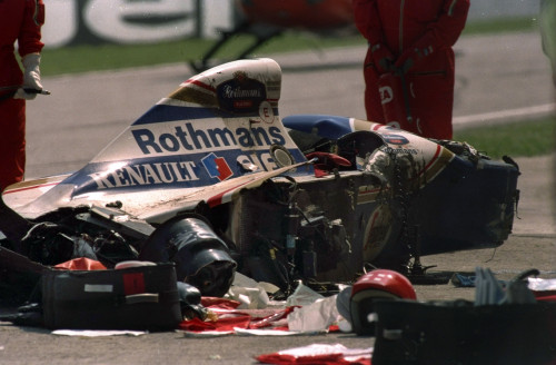 1 May 1994:  General view of Ayrton Senna's wrecked Williams Renault after he crashed during the San